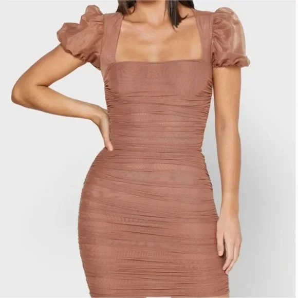 Missguided | Dresses | Brown Ruched Puff Sleeve Cocktail Dress Missguided |  Poshmark